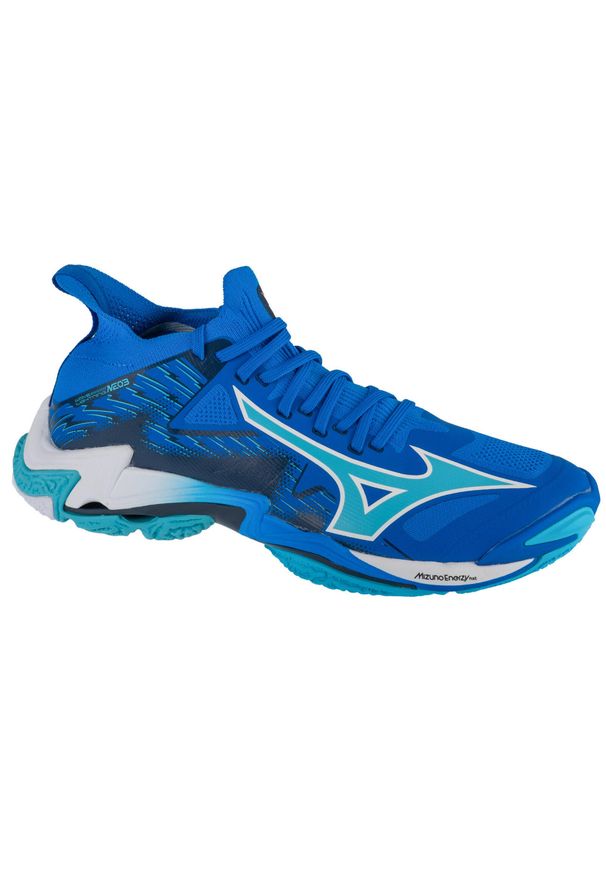 Mizuno - Buty do siatkówki męskie, Wave Lightning Neo III. Kolor: niebieski, biały, wielokolorowy. Model: Mizuno Wave. Sport: siatkówka