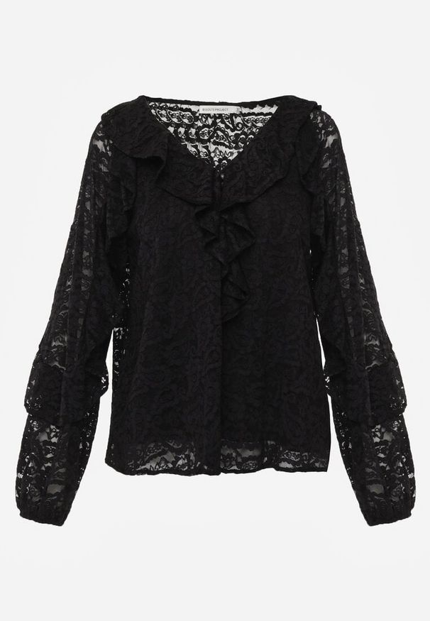 Renee - Czarna Koronkowa Bluzka z Falbankami Sewrana. Typ kołnierza: kołnierz z falbankami. Kolor: czarny. Materiał: koronka. Styl: elegancki