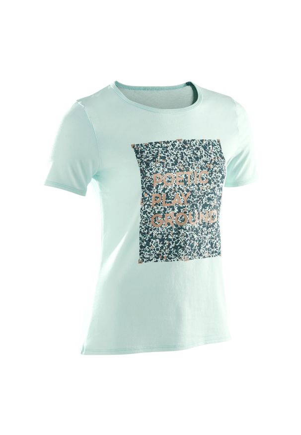 DOMYOS - Koszulka z krótkim rękawem dziecięca Domyos. Kolor: zielony. Materiał: bawełna, materiał. Długość rękawa: krótki rękaw. Długość: krótkie. Sport: joga i pilates