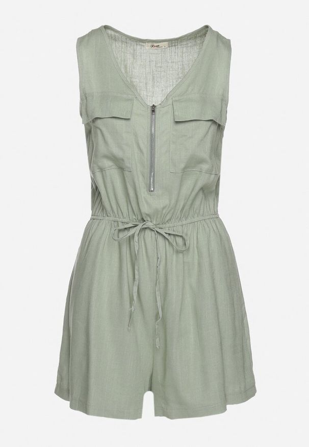Born2be - Zielony Taliowany Bawełniany Kombinezon z Gumką w Pasie Zapinany na Suwak Tennea. Okazja: do pracy. Kolor: zielony. Materiał: bawełna. Długość: krótkie. Styl: elegancki, klasyczny