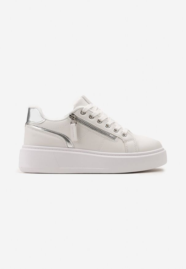 Renee - Białe Sneakersy z Ozdobnym Suwakiem i Platformą Iolanna. Nosek buta: okrągły. Zapięcie: sznurówki. Kolor: biały. Materiał: materiał. Obcas: na platformie. Wysokość obcasa: niski