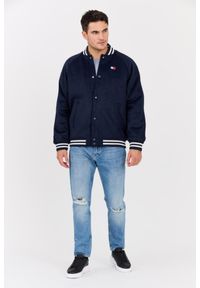 Tommy Jeans - TOMMY JEANS Granatowy męski bomber z domieszką wełny Varsity, Rozmiar L. Okazja: na co dzień. Kolor: niebieski. Materiał: wełna. Wzór: paski. Styl: klasyczny, sportowy, casual, elegancki