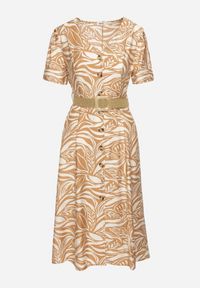 Born2be - Beżowa Sukienka o Koszulowym Kroju z Plecionym Paskiem w Talii Zaratia. Okazja: na co dzień. Kolor: beżowy. Materiał: wiskoza, tkanina. Sezon: lato. Typ sukienki: koszulowe. Styl: casual, elegancki #2