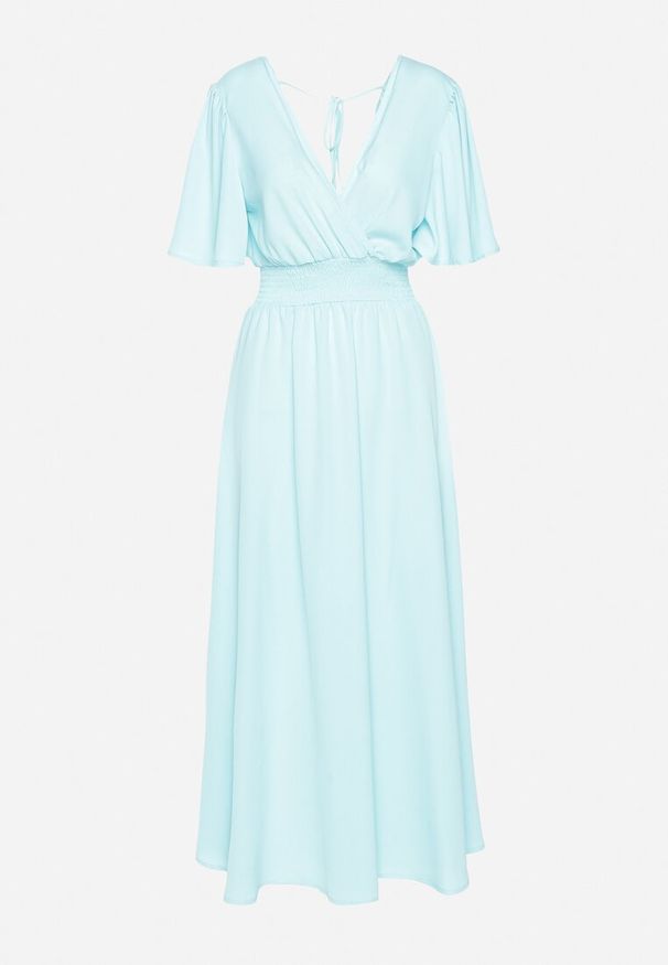 Born2be - Jasnoniebieska Sukienka z Rozkloszowanymi Rękawami Gumką w Pasie i Wiązaniem na Plecach Larielle. Okazja: na co dzień, na imprezę. Typ kołnierza: dekolt w kształcie V. Kolor: niebieski. Materiał: bawełna. Typ sukienki: proste. Styl: casual, elegancki