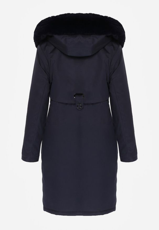 Born2be - Granatowa Kurtka za Kolano ze Ściągaczem i Kapturem z Futerkiem Adoresa. Okazja: na co dzień. Kolor: niebieski. Materiał: futro. Styl: casual