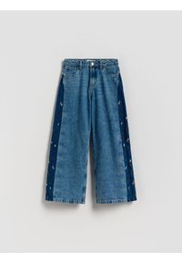 Reserved - Jeansy wide leg z haftem - niebieski. Kolor: niebieski. Wzór: haft