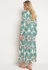 Born2be - Zielono-Biała Sukienka z Wiskozy z Podpinanymi Rękawami Zapinana na Guziki z Falbanką Kiosara. Typ kołnierza: dekolt w serek. Kolor: zielony. Materiał: wiskoza. Sezon: wiosna, lato. Styl: elegancki, klasyczny #4