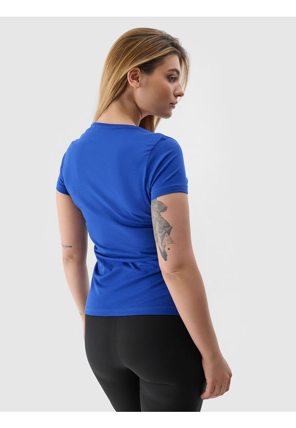 4f - 4F T-shirt slim z nadrukiem damski - niebieski XS. Okazja: na co dzień. Kolor: niebieski. Materiał: jersey, materiał, bawełna, elastan, dzianina. Długość rękawa: krótki rękaw. Długość: krótkie. Wzór: nadruk. Styl: sportowy, casual