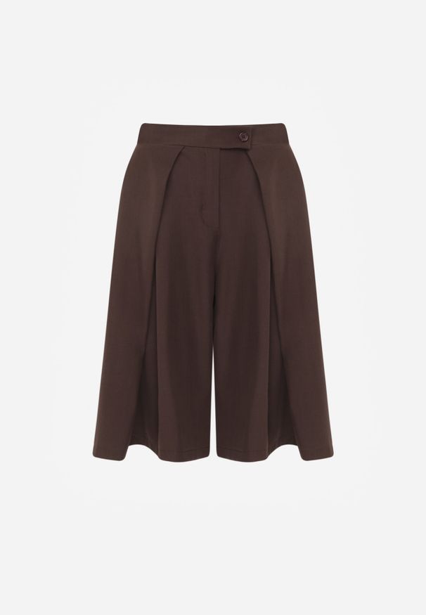 Renee - Brązowe Szerokie Szorty Eleganckie Bermudy High Waist z Zaszewkami w Talii Choniala. Okazja: na spotkanie biznesowe. Stan: podwyższony. Kolor: brązowy. Styl: elegancki