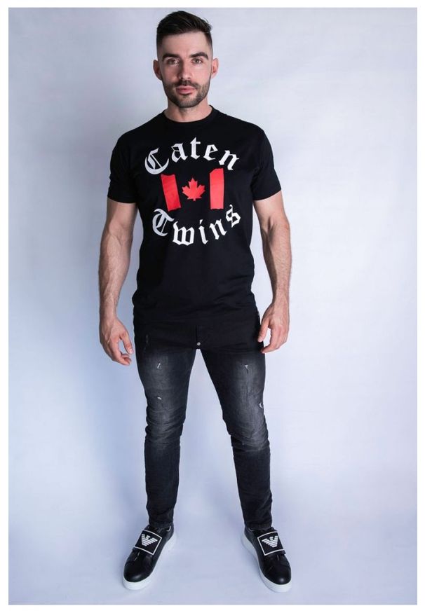 DSQUARED2 T-shirt męski, czarny z nadrukiem ,,caten twins, Rozmiar M. Kolor: czarny. Materiał: bawełna, prążkowany. Wzór: nadruk
