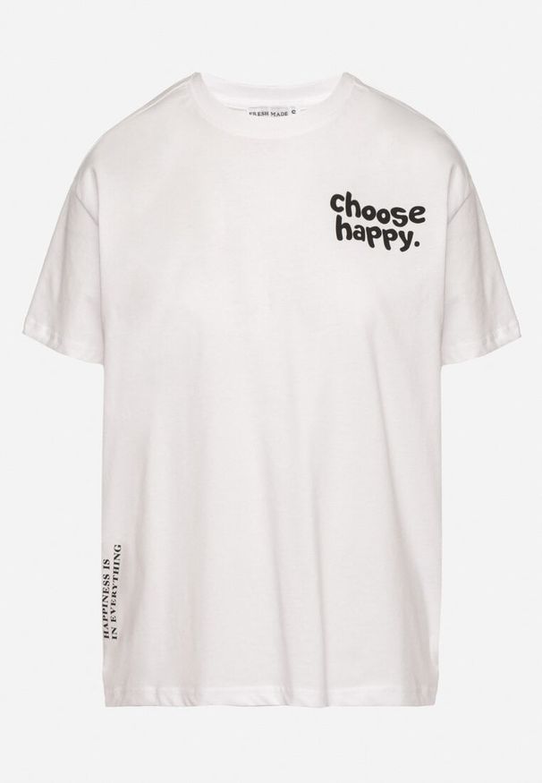 Born2be - Biało-Fioletowy Bawełniany T-shirt z Napisami Hallena. Okazja: na spotkanie biznesowe, na co dzień. Kolor: biały. Materiał: bawełna. Wzór: napisy. Styl: elegancki, casual, klasyczny, biznesowy