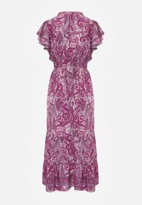 Renee - Fioletowa Bawełniana Sukienka Paisley z Kopertowym Dekoltem z Falbaną i Gumką w Talii Brionea. Okazja: na co dzień. Typ kołnierza: dekolt kopertowy. Kolor: fioletowy. Materiał: bawełna. Długość rękawa: krótki rękaw. Wzór: paisley. Typ sukienki: kopertowe. Styl: casual, elegancki #2