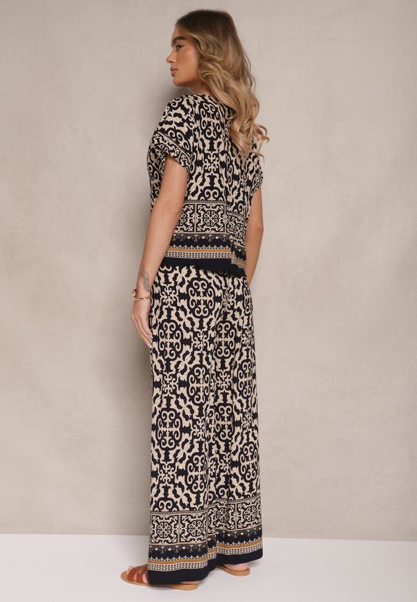 Renee - Granatowy Komplet Spodnie i Bluzka z Bawełny w Ornamentalny Print Nanitria. Kolor: niebieski. Materiał: bawełna. Wzór: nadruk