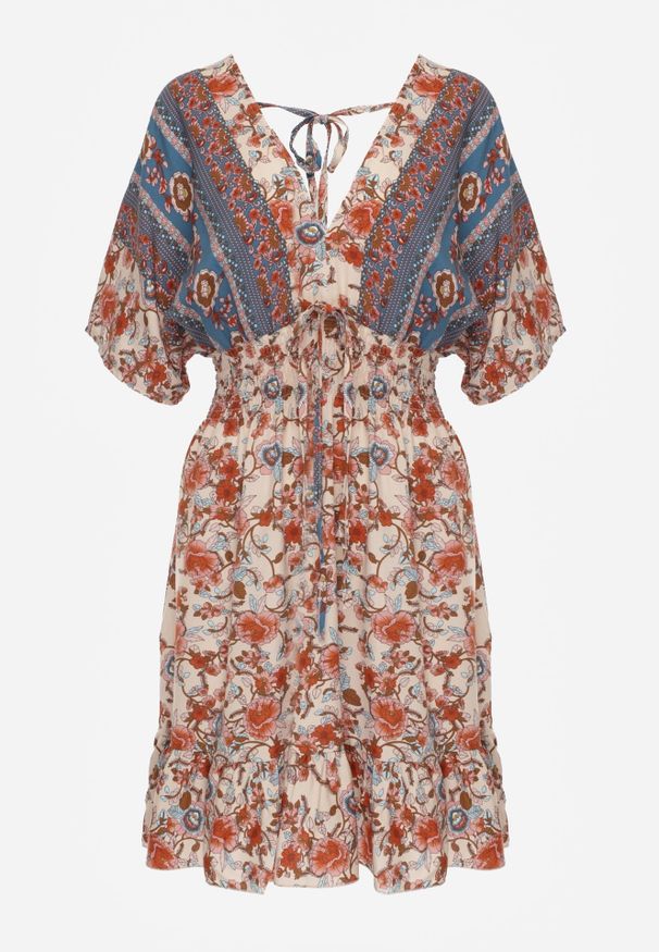 Renee - Beżowo-Granatowa Sukienka Dylina. Kolor: beżowy. Materiał: wiskoza, tkanina. Długość: mini