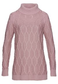 Sweter dzianinowy w warkocze bonprix różowobrązowy. Kolor: różowy. Materiał: dzianina, materiał, akryl, bawełna #1