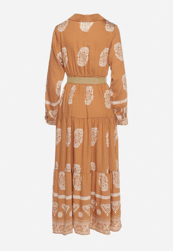 Born2be - Beżowa Kopertowa Rozkloszowana Sukienka z Wiskozą w Etniczny Wzór z Paskiem Mirizia. Okazja: na co dzień. Kolor: beżowy. Materiał: wiskoza. Typ sukienki: kopertowe. Styl: casual