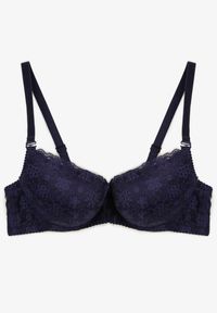 Renee - Granatowy Biustonosz z Efektem Push Up z Delikatną Koronką Xilemia. Kolor: niebieski. Materiał: koronka. Rodzaj stanika: push-up. Wzór: koronka
