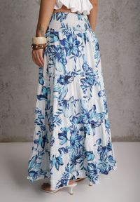 Renee - Niebieska Letnia Spódnica z Bawełny w Kwiaty Zdobiona Kaskadowymi Przeszyciami Mereros. Kolor: niebieski. Materiał: bawełna. Wzór: aplikacja, kwiaty. Sezon: lato. Styl: boho #8