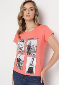 Born2be - Pomarańczowy Bawełniany T-shirt z Nadrukiem i Brokatem Kruita. Kolor: pomarańczowy. Materiał: bawełna. Długość rękawa: krótki rękaw. Długość: krótkie. Wzór: nadruk #3