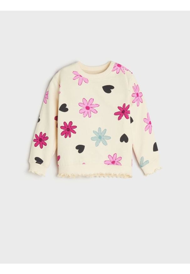 Sinsay - Bluza - kremowy. Kolor: kremowy. Materiał: bawełna. Wzór: kwiaty