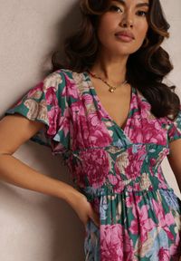 Renee - Zielona Sukienka z Szeroką Gumką w Talii w Kwiaty Shathi. Typ kołnierza: dekolt kopertowy. Kolor: zielony. Materiał: wiskoza. Wzór: kwiaty. Typ sukienki: kopertowe. Długość: maxi #2