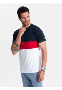Ombre Clothing - T-shirt męski trójkolorowy w szerokie pasy - granatowo-biały V1 OM-TSCT-0152 - XXL. Okazja: na co dzień. Kolor: niebieski. Materiał: bawełna, materiał. Wzór: aplikacja. Styl: casual, elegancki #4