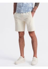 Ombre Clothing - Dzianinowe spodenki męskie ze ściągaczem i kieszeniami - kremowe V12 - Rozmiar: XXL. Kolor: kremowy. Materiał: dzianina. Styl: wakacyjny