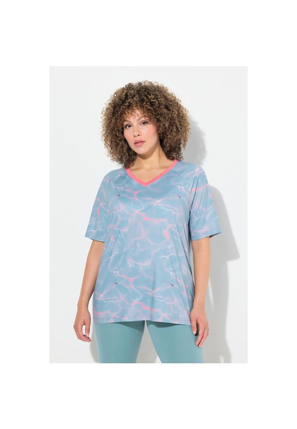 ULLA POPKEN - Damskie T-shirt funkcyjny wzór fali dekolt V rękaw 1/2. Kolekcja: plus size. Kolor: zielony. Materiał: poliester, materiał, elastan