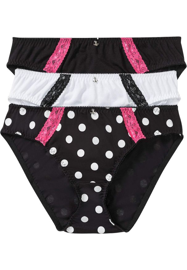 bonprix - Figi (3 pary), bawełna organiczna. Kolor: czarny. Materiał: bawełna. Wzór: kolorowy, kropki