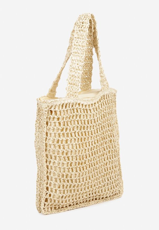 Renee - Beżowa Pleciona Torebka Shopper Ozdobiona Napisem Lavauri. Kolor: beżowy. Wzór: napisy, aplikacja. Styl: elegancki, casual