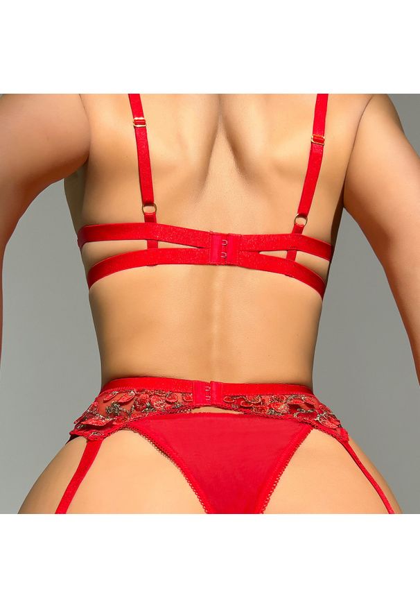 Intica - Komplet bielizny z haftem i pasem do pończoch na romantyczne wieczory Crionna. Kolor: czerwony. Materiał: materiał. Wzór: haft