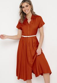Born2be - Pomarańczowa Koszulowa Sukienka z Lnem i Wiskozą Ircilla. Okazja: na spacer. Kolor: pomarańczowy. Materiał: wiskoza, len. Długość rękawa: krótki rękaw. Sezon: lato. Typ sukienki: koszulowe #6