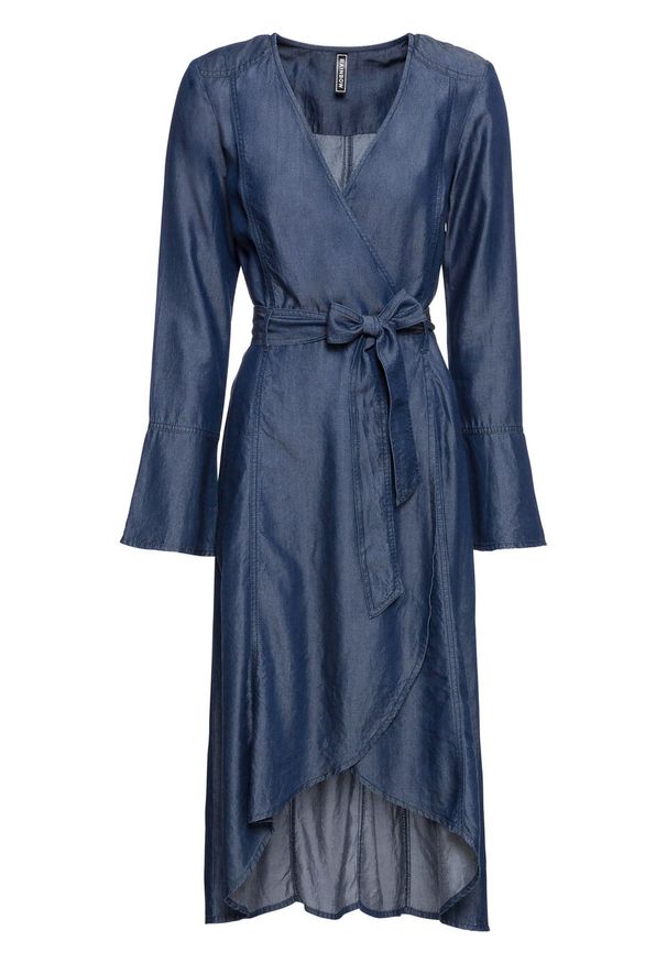Sukienka dżinsowa z efektem założenia kopertowego bonprix ciemny denim. Kolor: niebieski. Materiał: materiał, lyocell. Typ sukienki: kopertowe