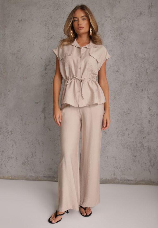 Renee - Beżowy Wiskozowy Komplet na Lato Koszula Ściągana w Talii i Spodnie Wide Leg Acelle. Kolor: beżowy. Materiał: wiskoza