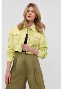Patrizia Pepe kurtka jeansowa damska kolor zielony przejściowa. Okazja: na co dzień. Kolor: zielony. Materiał: jeans. Wzór: gładki. Styl: casual