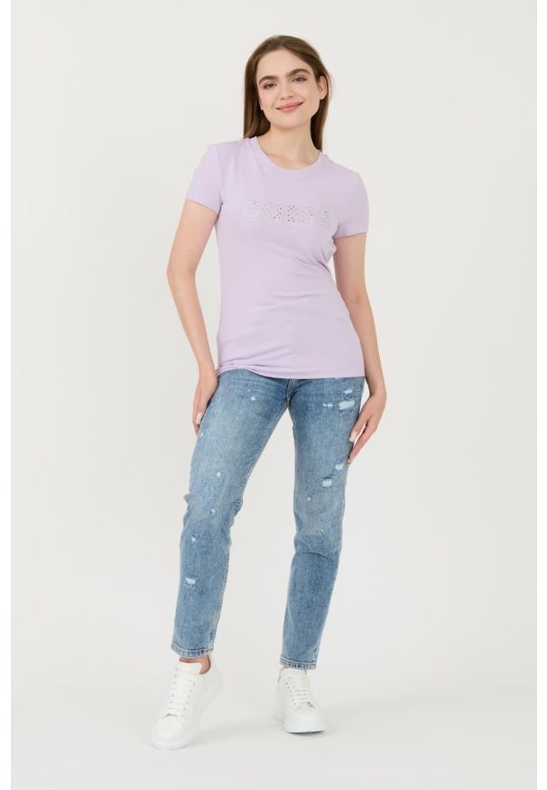 Guess - GUESS Lawendowy damski t-shirt Sangallo Tee, Rozmiar XL. Kolor: czarny