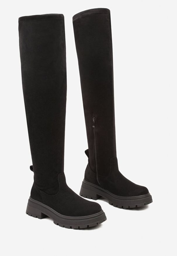 Born2be - Czarne Kozaki na Grubej Podeszwie za Kolano Nialarae. Okazja: na co dzień. Wysokość cholewki: za kolano. Kolor: czarny. Materiał: jeans. Obcas: na obcasie. Styl: casual, elegancki, wizytowy. Wysokość obcasa: średni