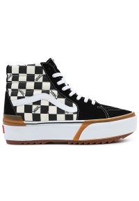 Buty Vans Sk8-Hi Stacked VN0A4BTWVLV1 - czarno-białe. Okazja: na co dzień. Wysokość cholewki: przed kolano. Zapięcie: pasek. Kolor: czarny, biały, wielokolorowy. Materiał: guma, materiał, zamsz. Szerokość cholewki: normalna. Wzór: haft, paski. Model: Vans SK8