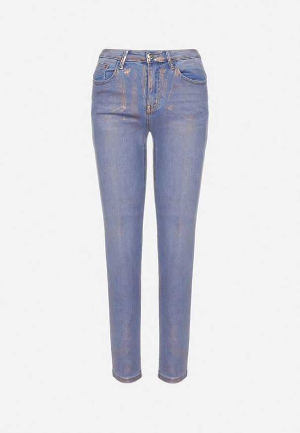 Born2be - Jasnoniebieskie Jeansy Skinny z Bawełny Ozdobione Złotą Farbą Taidda. Kolor: niebieski. Wzór: aplikacja. Styl: elegancki