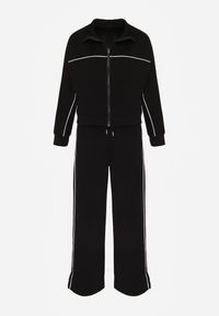 Born2be - Czarny Retro Komplet Dresowy z Wiskozą Szerokie Spodnie i Bluza ze Stójką Sewelda. Kolor: czarny. Materiał: wiskoza, dresówka. Sport: turystyka piesza #3