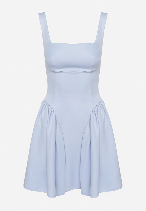 Born2be - Jasnoniebieska Rozkloszowana Sukienka na Ramiączkach z Kwadratowym Dekoltem Sastorea. Okazja: na imprezę, na spacer. Typ kołnierza: dekolt kwadratowy. Kolor: niebieski. Materiał: jeans. Długość rękawa: na ramiączkach. Wzór: aplikacja. Sezon: lato. Styl: wizytowy