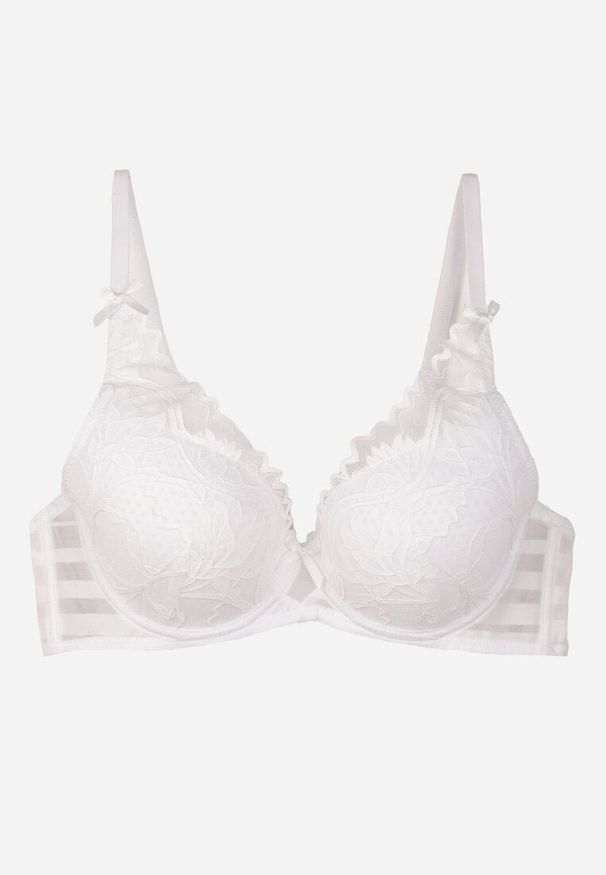 Born2be - Biały Koronkowy Biustonosz z Ozdobnymi Kokardkami na Ramiączkach Aeleolopei. Kolor: biały. Materiał: koronka. Wzór: koronka, aplikacja