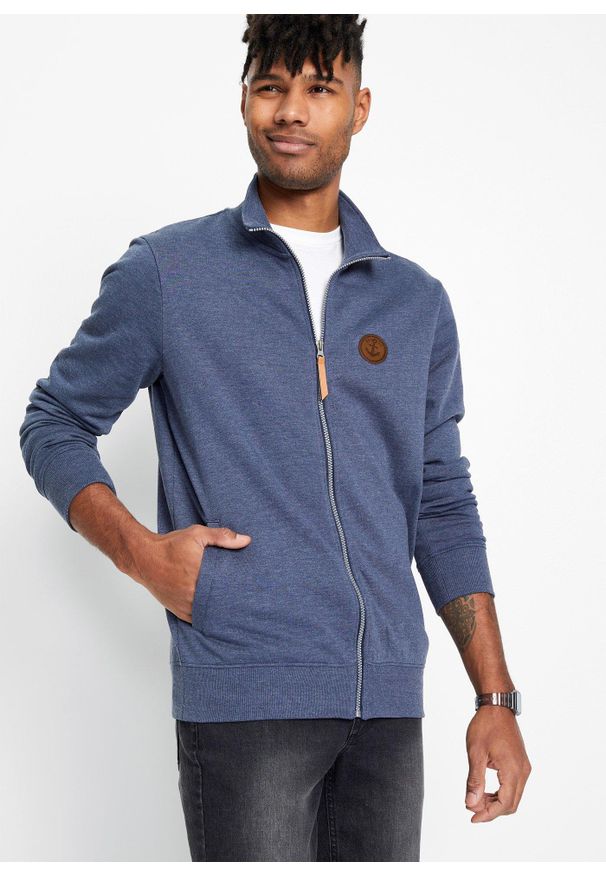 bonprix - Bluza rozpinana ze stójką i detalami z imitacji skóry. Typ kołnierza: kołnierzyk stójkowy. Kolor: niebieski. Materiał: skóra