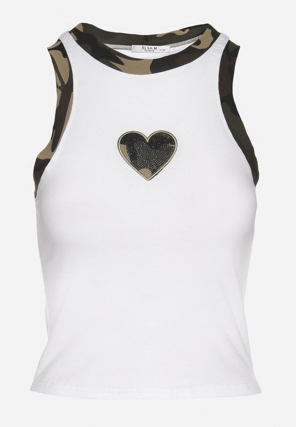 Born2be - Biały Top z Bawełny Ozdobiony Moro Sercem i Cyrkoniami Lisarosa. Okazja: na co dzień. Kolor: biały. Materiał: bawełna. Wzór: moro, aplikacja. Styl: casual, klasyczny