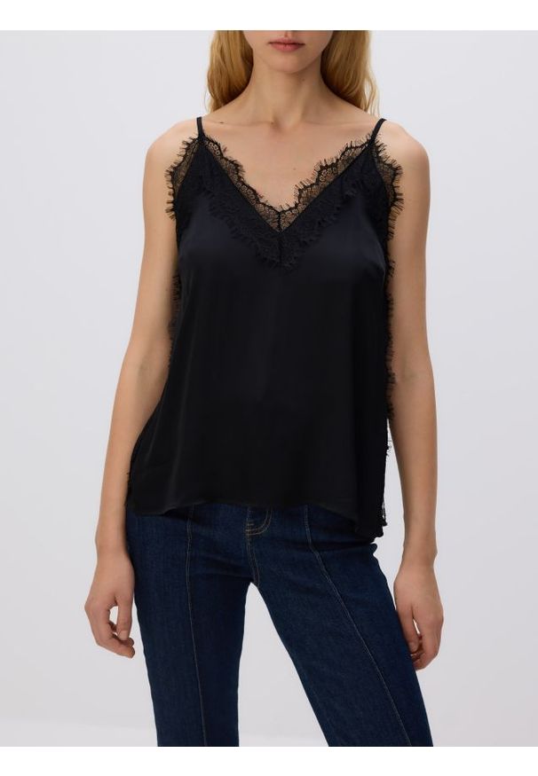 Reserved - Top z koronką - czarny. Kolor: czarny. Materiał: koronka. Wzór: koronka