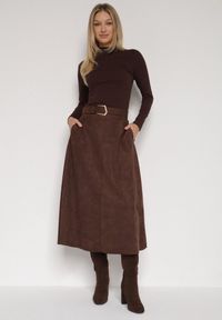 Born2be - Brązowa Rozkloszowana Wiskozowa Spódnica z Bawełną Ozdobiona Paskiem Nawedea. Okazja: na co dzień. Kolor: brązowy. Materiał: bawełna, wiskoza. Wzór: aplikacja. Styl: klasyczny, casual, elegancki #3