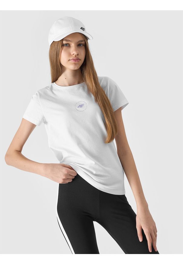 4f - 4F T-shirt z bawełny organicznej gładki dziewczęcy - biały 140 (9-10 lat). Okazja: na co dzień. Kolor: biały. Materiał: bawełna. Wzór: gładki. Sezon: lato. Styl: sportowy, casual