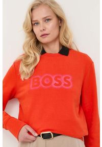 BOSS bluza bawełniana damska kolor pomarańczowy z nadrukiem. Kolor: pomarańczowy. Materiał: bawełna. Wzór: nadruk #6
