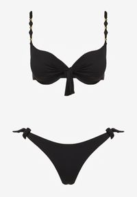 Renee - Czarne Bikini Majtki i Biustonosz z Wiązaniem Sadeenne. Kolor: czarny. Wzór: aplikacja