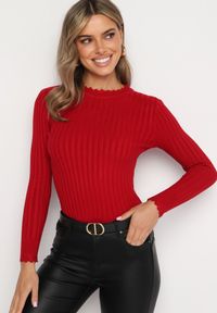 Born2be - Bordowy Prążkowany Sweter z Bawełną Mevin. Okazja: na co dzień. Kolor: czerwony. Materiał: bawełna, prążkowany. Styl: casual, elegancki #2